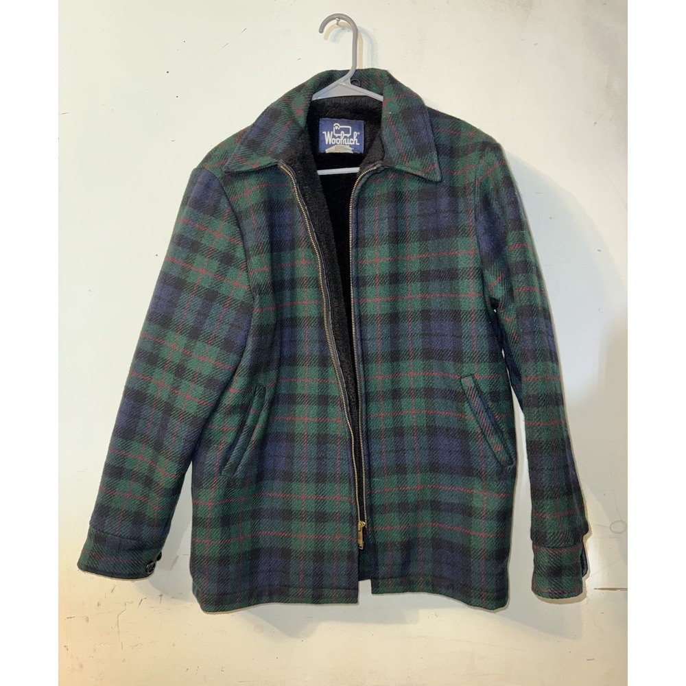 80s Woolrich Wool Coat Jacket, Green Red Plaid, Sherpa Lined Men's M Made In USA